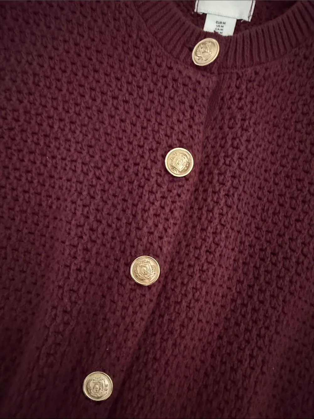 H&M Short-Sleeve Textured Knit Cardigan in Burgundy with Gold Buttons